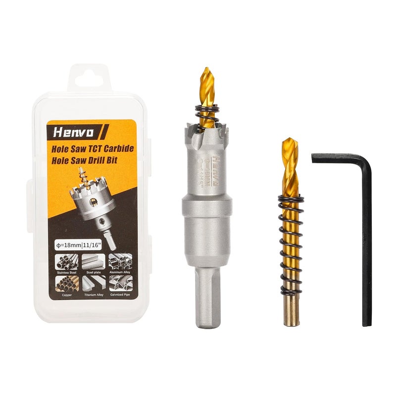 Henvo Hole Saw 11/16" (18mm) Heavy Duty Carbide with 2 Pilot Drill Bits - Metal Hole Cutter Cuts Stainless Steel, Iron, Copper, Brass, Plastic - Image 1